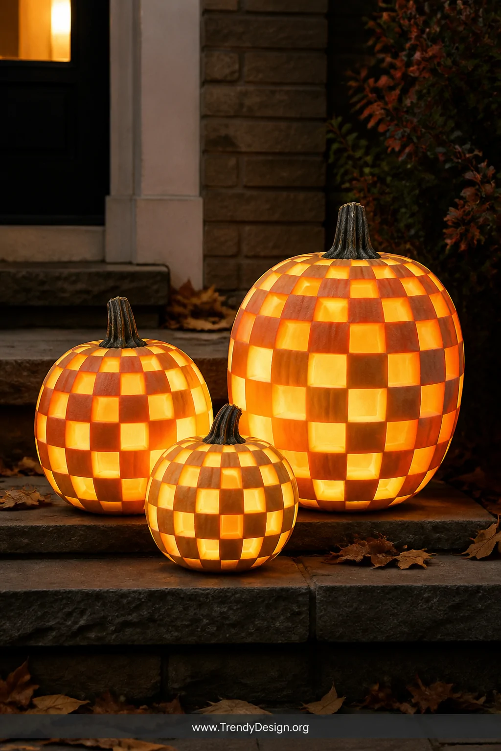 A wide styled shot of three graduated-size orange pumpkins clustered together on stone front steps, each surface covered in a