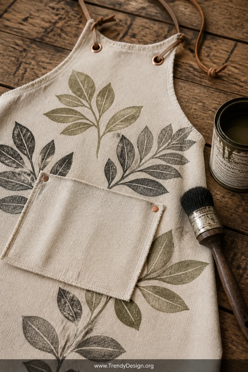 A closeup detail shot of a raw-edged canvas drop cloth apron laid flat on a weathered wooden worktable, showing hand-stencile