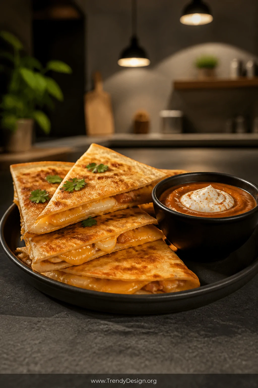 A detail close-up shot of golden quesadilla wedges stacked on a dark matte ceramic plate, their edges crisped and laced with 