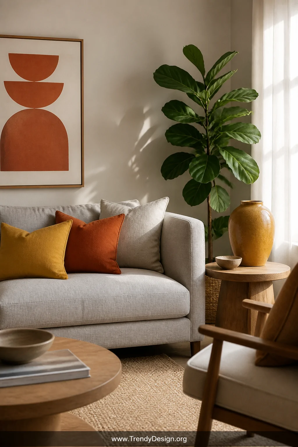 A wide living room shot featuring a gray linen sofa styled with mustard yellow and burnt orange throw pillows, a large mustar