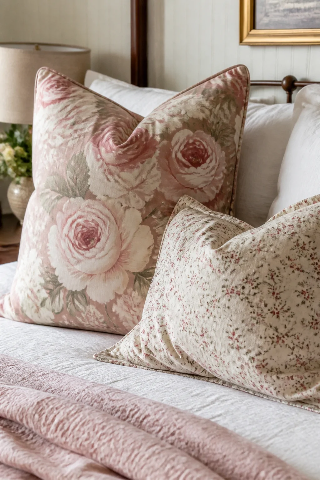 Close-up detail shot of a bedroom pillow arrangement featuring one oversized rose-print cushion in dusty pink and cream along