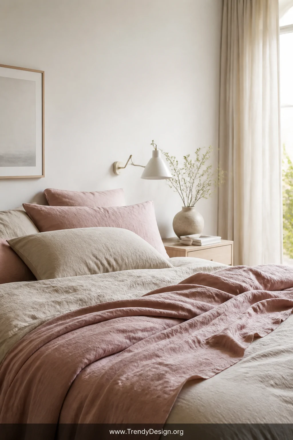Wide shot of a serene Scandinavian-inspired bedroom with a bed dressed in rumpled, pre-washed linen pillow cases in oat and d