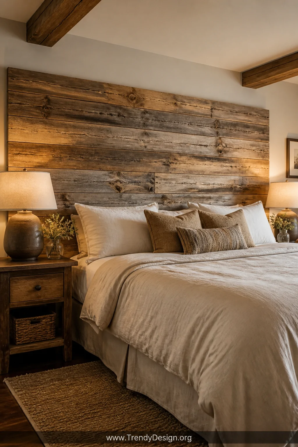 Wide shot of a cozy bedroom featuring a horizontal reclaimed wood headboard made of weathered planks in mixed warm brown, gre