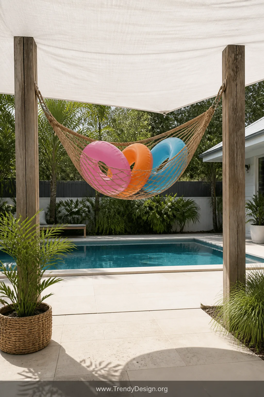 Wide outdoor shot of two weathered 4x4 wooden posts sunk in concrete flanking a lush backyard pool area, a tan hammock-style 