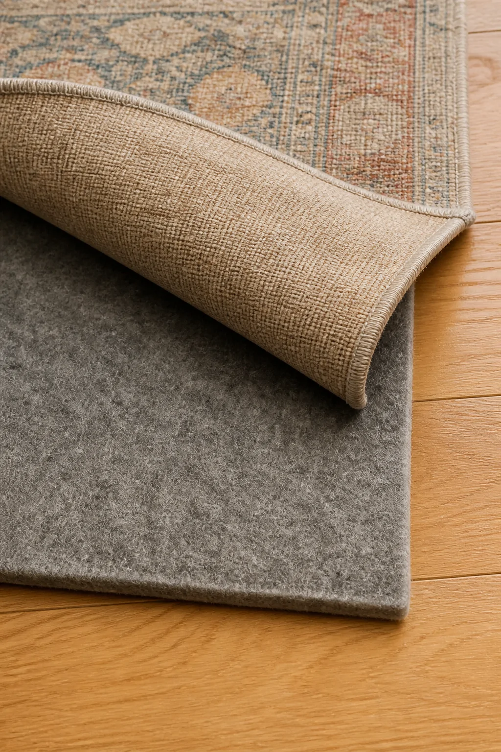 Close-up detail shot of a rug corner lifted to reveal a thick felt-and-rubber non-slip rug pad beneath, sitting on polished l
