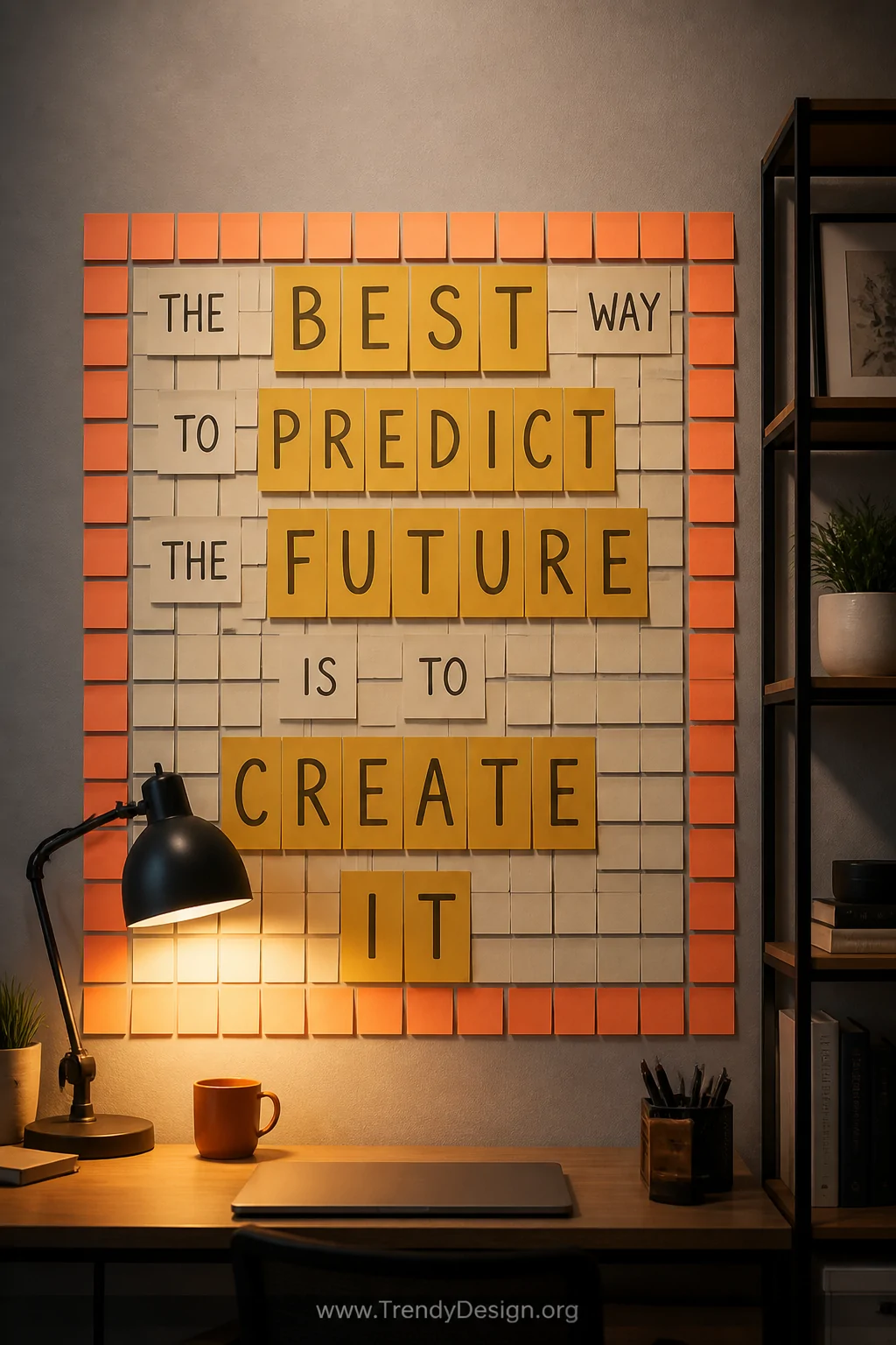 Close-up detail shot of a home office corner wall displaying a motivational quote mosaic made from sticky notes of varying si