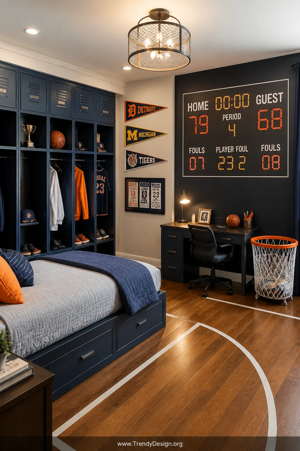 Medium photorealistic shot of a sleek sports-themed boy's bedroom featuring locker-style cubby storage units along one wall, 