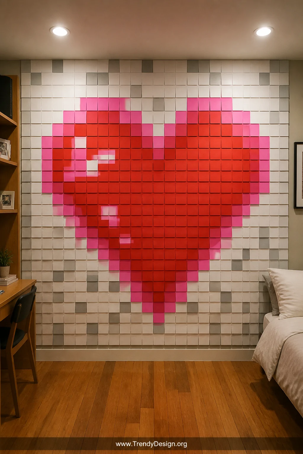 Medium shot of a large bedroom or dorm wall covered entirely in multicolored sticky notes arranged in a giant pixel art heart