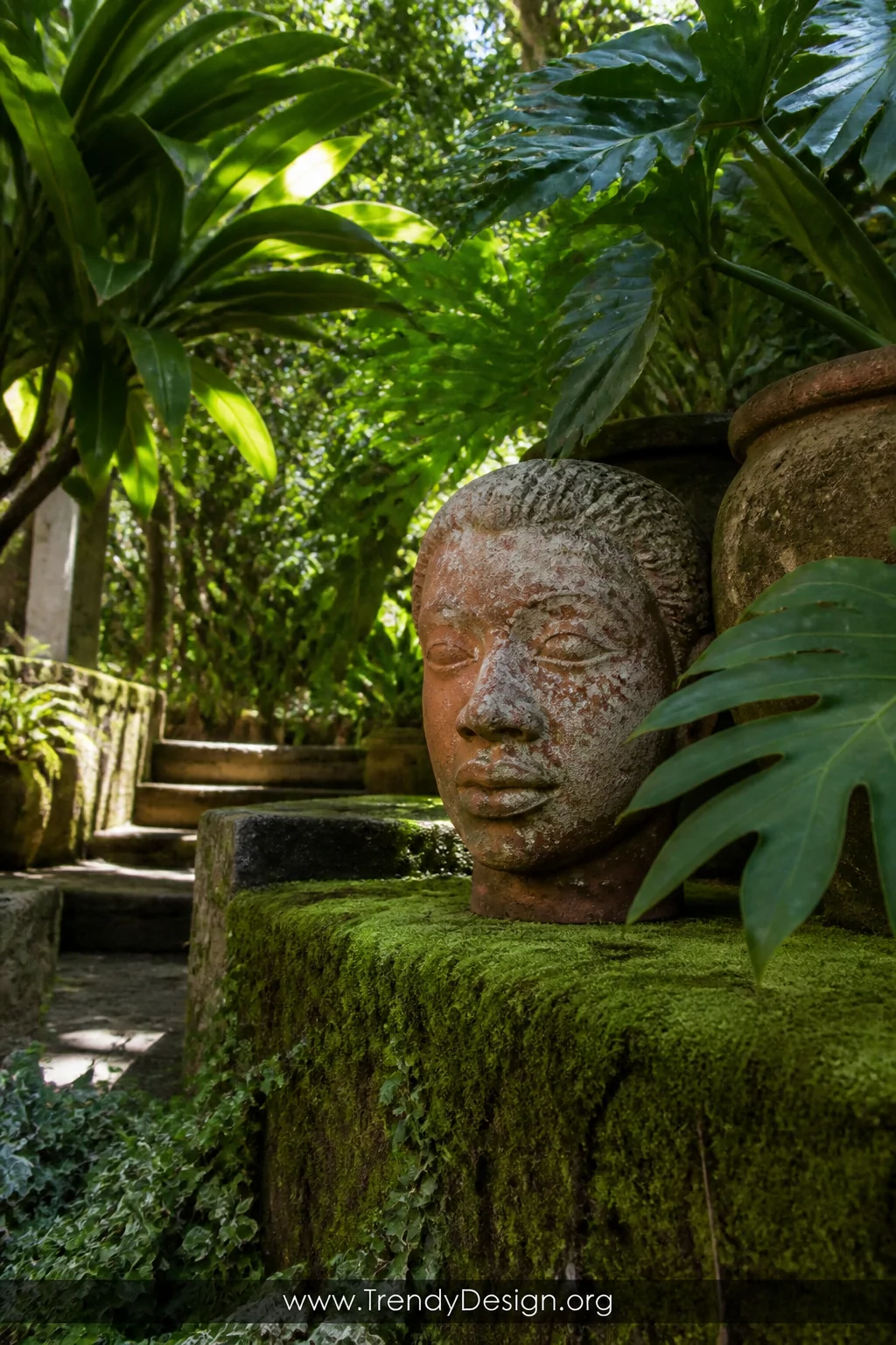 A wide outdoor shot of a lush garden patio with a high-fired sealed terracotta clay head sculpture nestled among large tropic