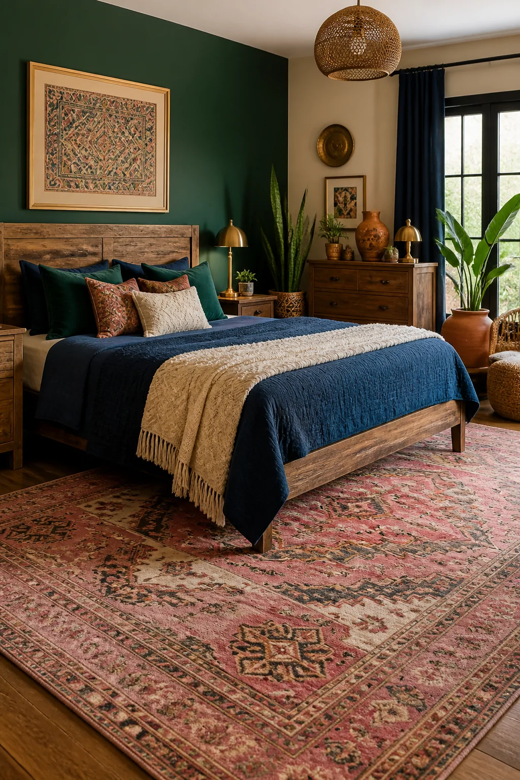 Wide-angle photorealistic bedroom shot styled with a pink boho rug as the foundation, surrounded by deep emerald green and na