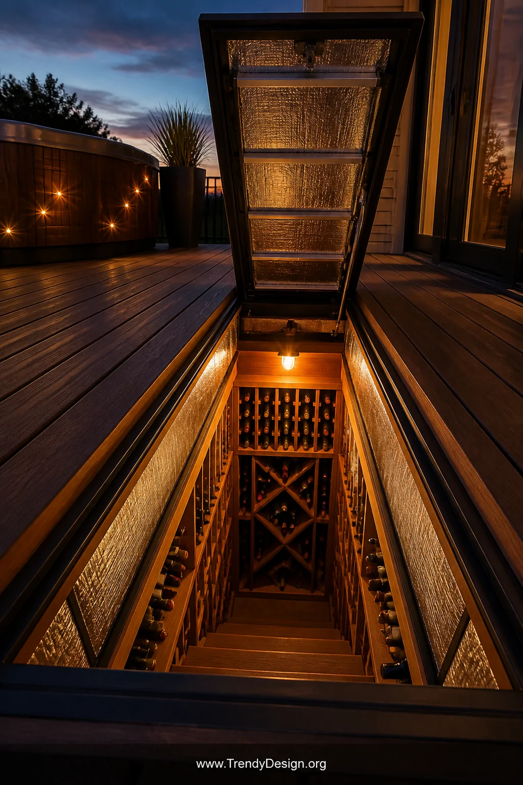 Dramatic low-angle interior shot looking down through an open insulated deck trap door into a dimly lit underground wine stor