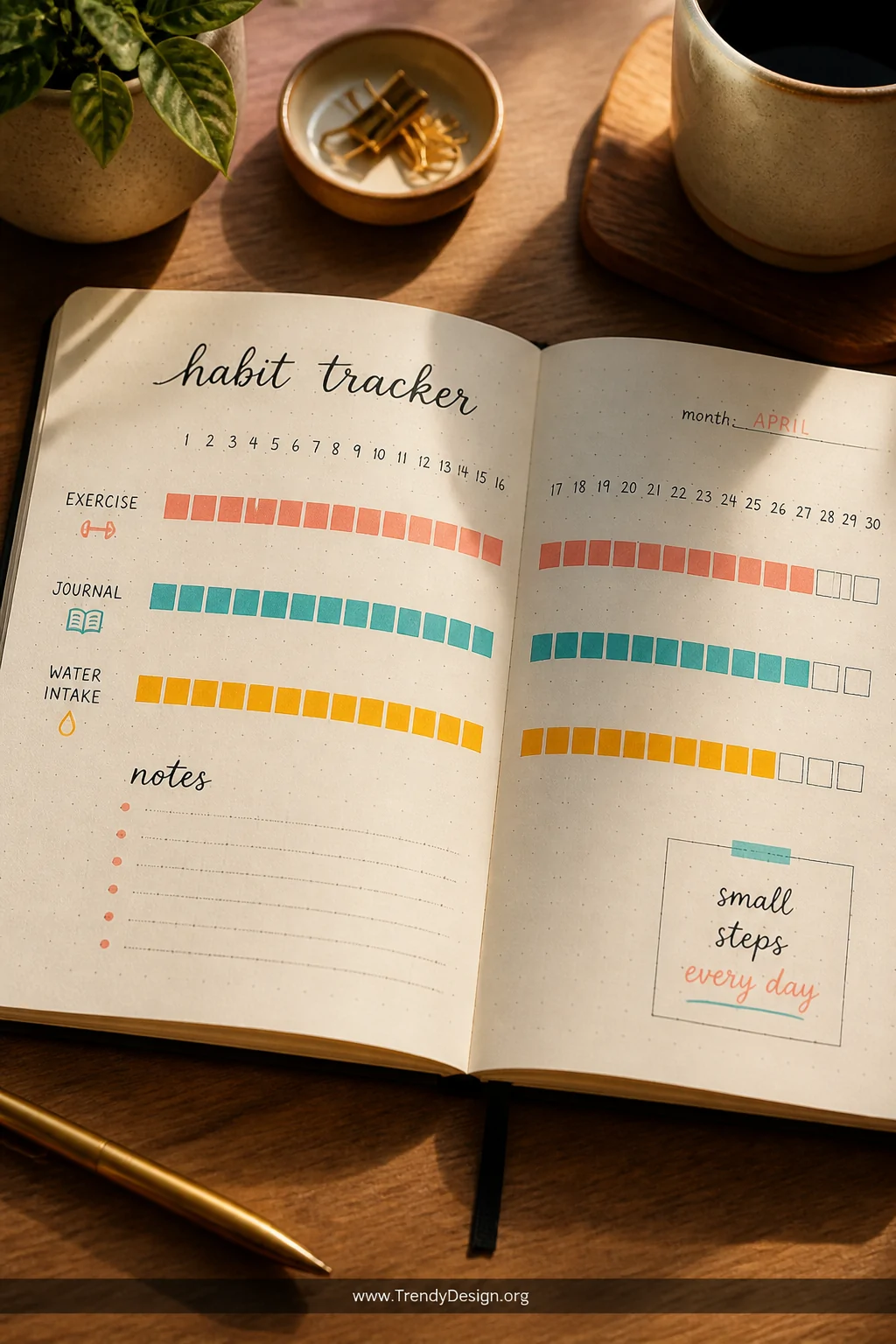 A medium flat-lay shot of an open monthly habit tracker spread in a dot-grid journal on a wooden surface, showing rows of sma