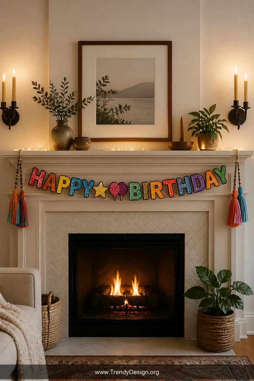 A wide shot of a cozy living room mantle decorated with a strung Perler bead birthday garland spelling 