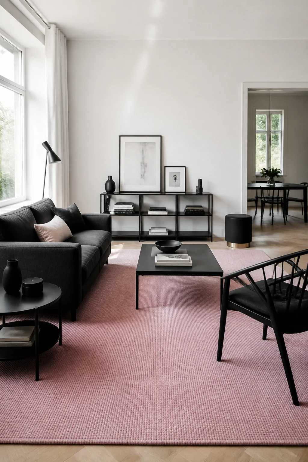 Wide shot of a bright Scandinavian-inspired living room with white walls and sleek functional furniture, anchored by a large 