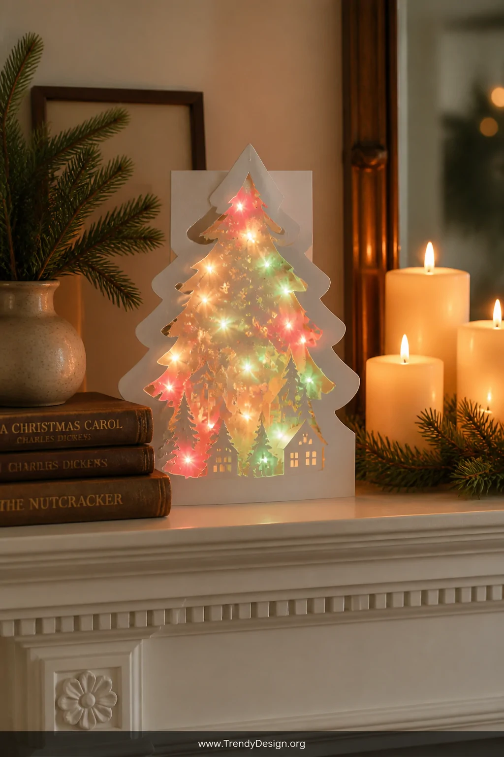 A wide styled shelfscape shot of a glowing LED Christmas card shaped like a die-cut tree displayed on a white-painted mantel,