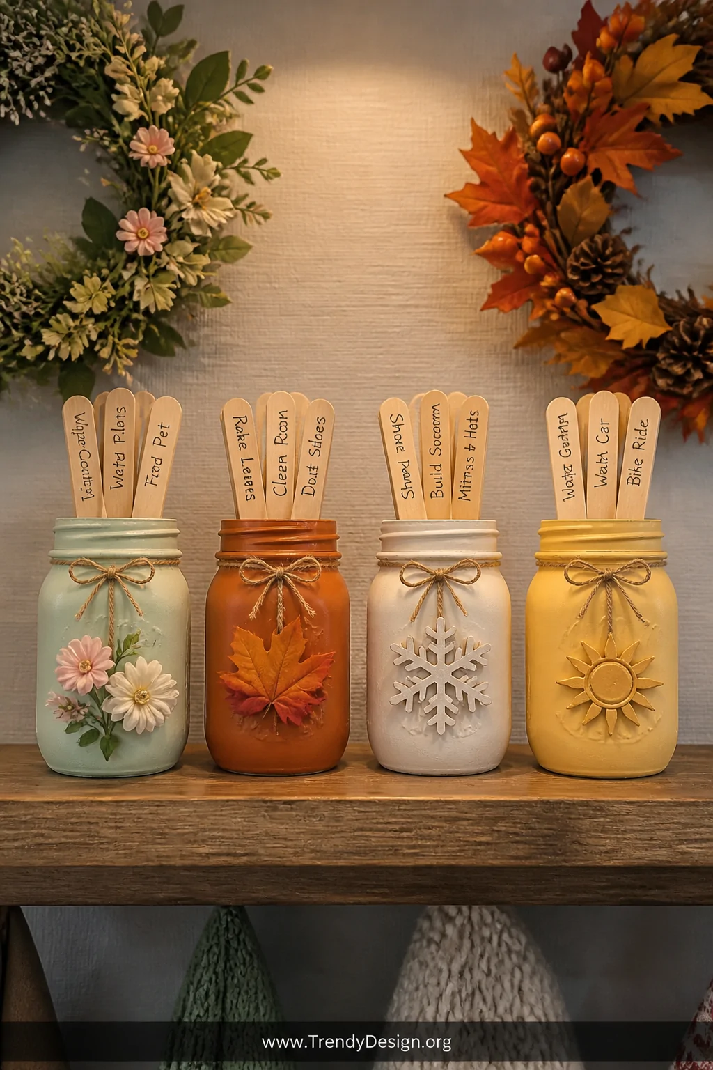 A medium shot of four distinct seasonal mason jars arranged in a row on a rustic wooden shelf, each decorated with seasonal a
