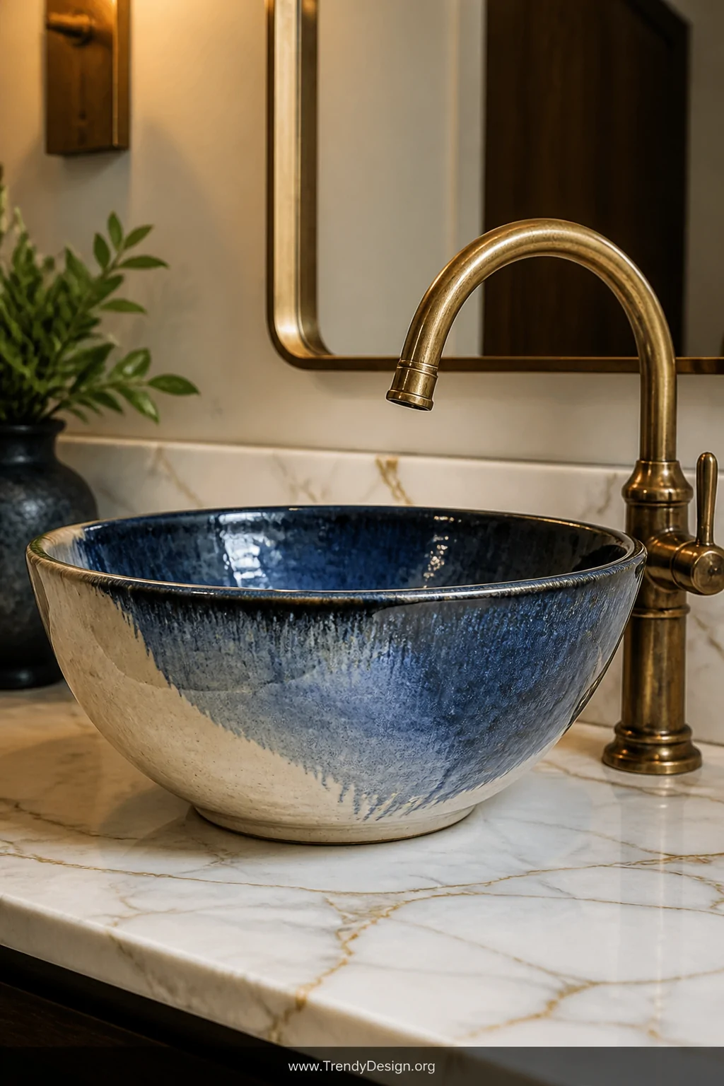 A closeup shot of a hand-thrown ceramic pottery bowl vessel sink with a rich cobalt blue and ivory glaze, a gleaming antique 