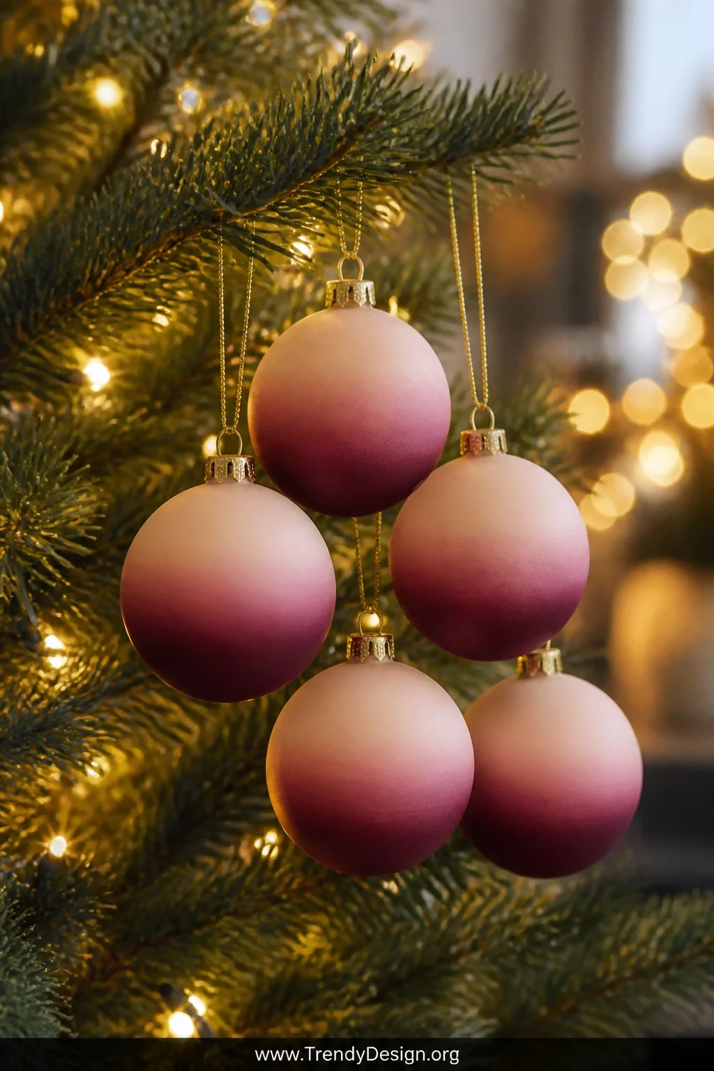 A medium shot of a curated cluster of five ombre gradient ornaments hanging together on a Christmas tree branch, transitionin