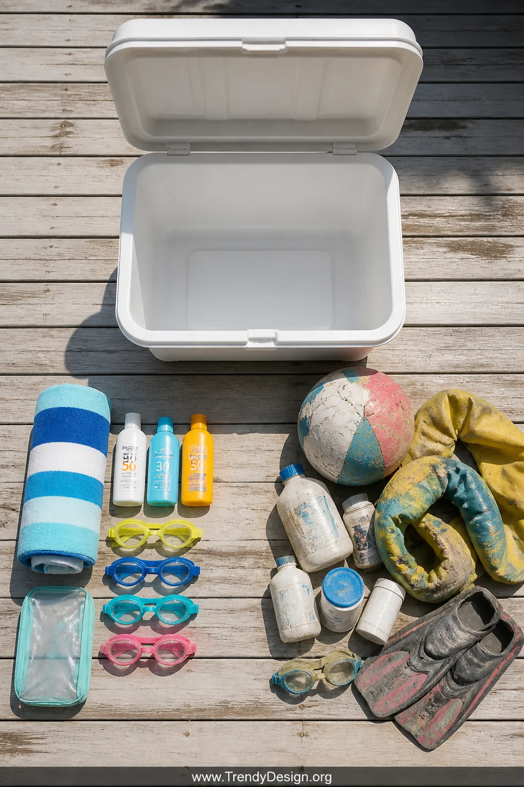 Wide overhead flat-lay style shot of an empty deep-cleaned white storage bin with its lid open beside a neatly sorted pile of