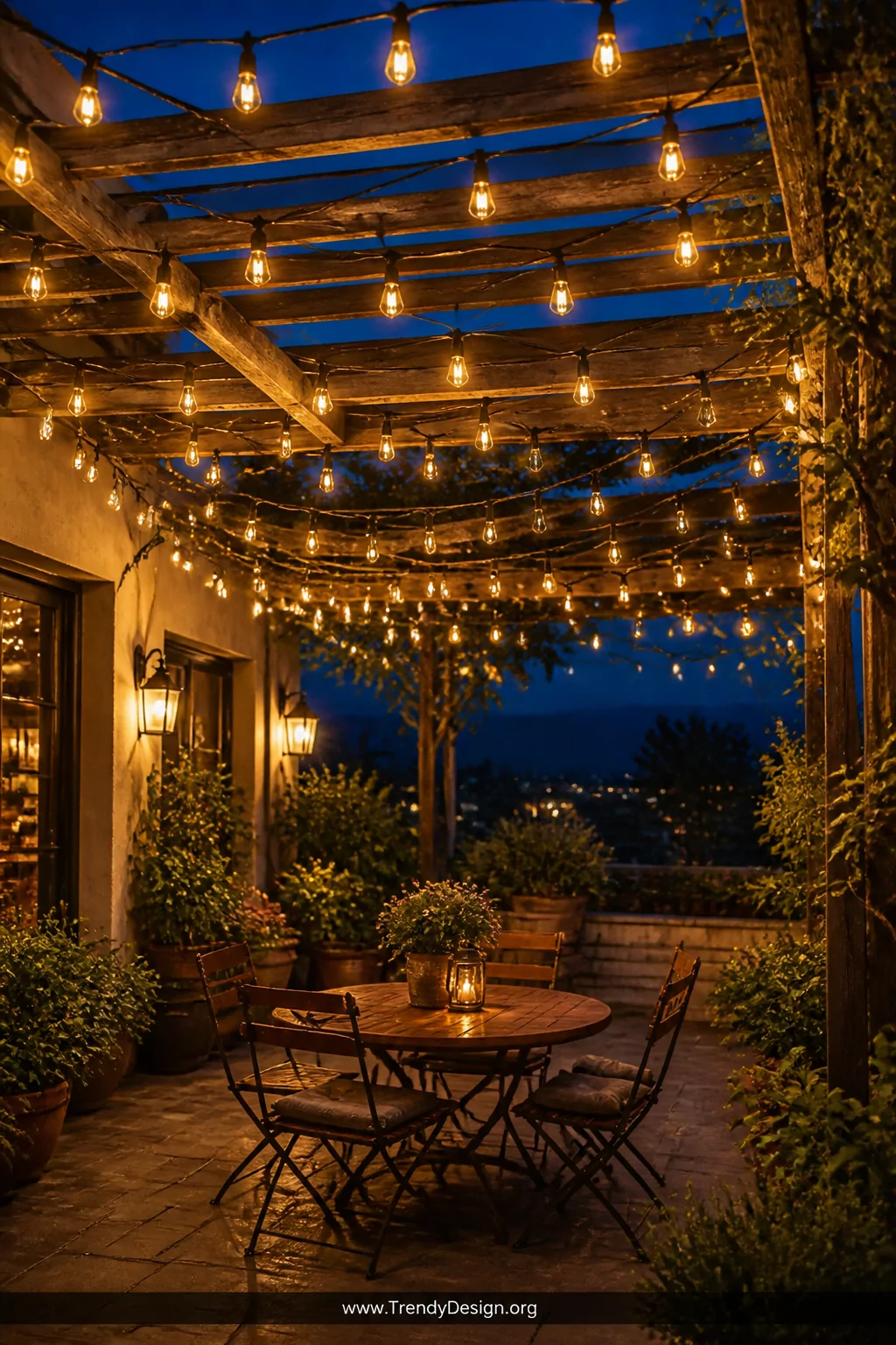 Wide shot of a warm outdoor pergola at dusk draped with layered strands of warm white solar string lights hung at varying hei