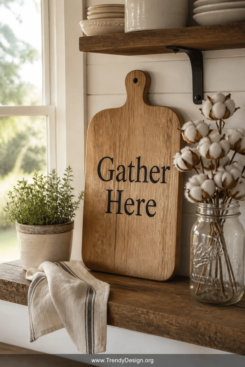 A medium shot of a rustic farmhouse kitchen shelf styled with a light natural wood grain cutting board displaying bold black 