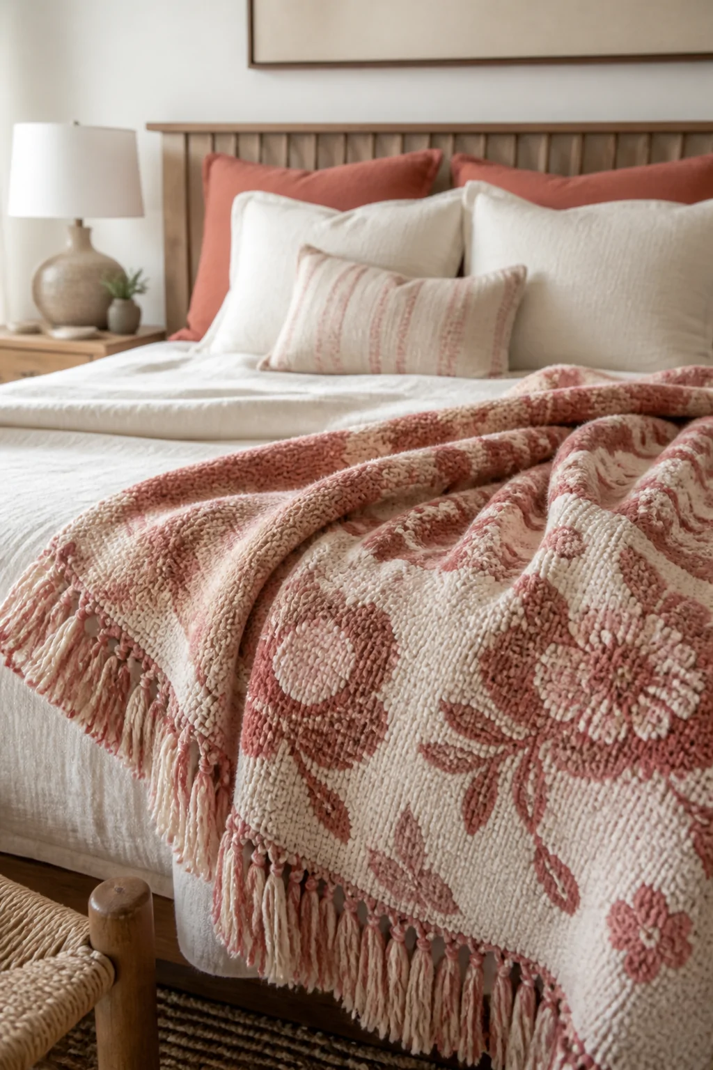 Close-up detail shot of a chunky woven floral throw blanket in soft blush tones casually and artfully draped across the foot 