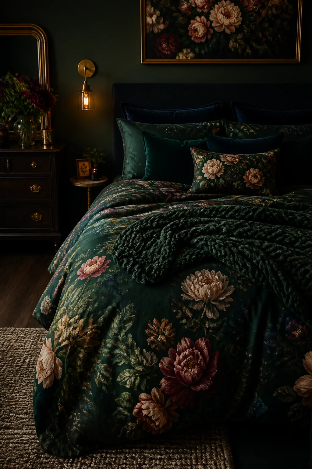 Wide room shot of a dramatically committed dark floral bedroom with jewel-toned blooms on a deep forest green background duve