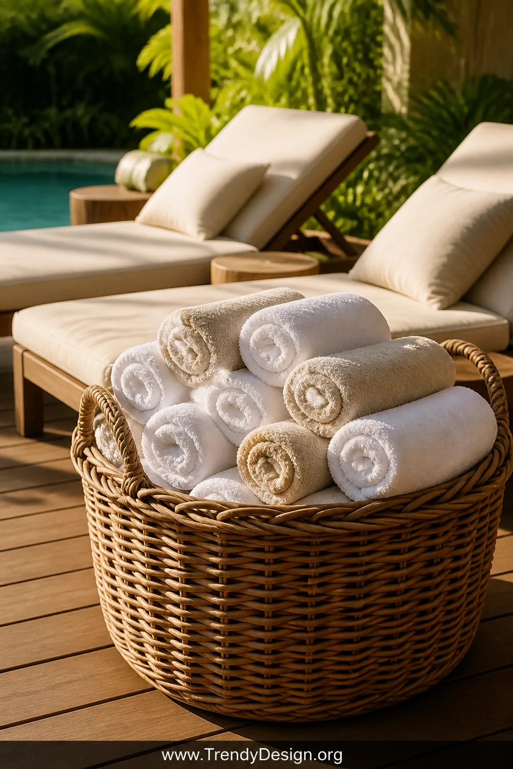 Medium shot of a large natural rattan wicker basket overflowing with neatly rolled white and sandy-beige towels, placed on wa