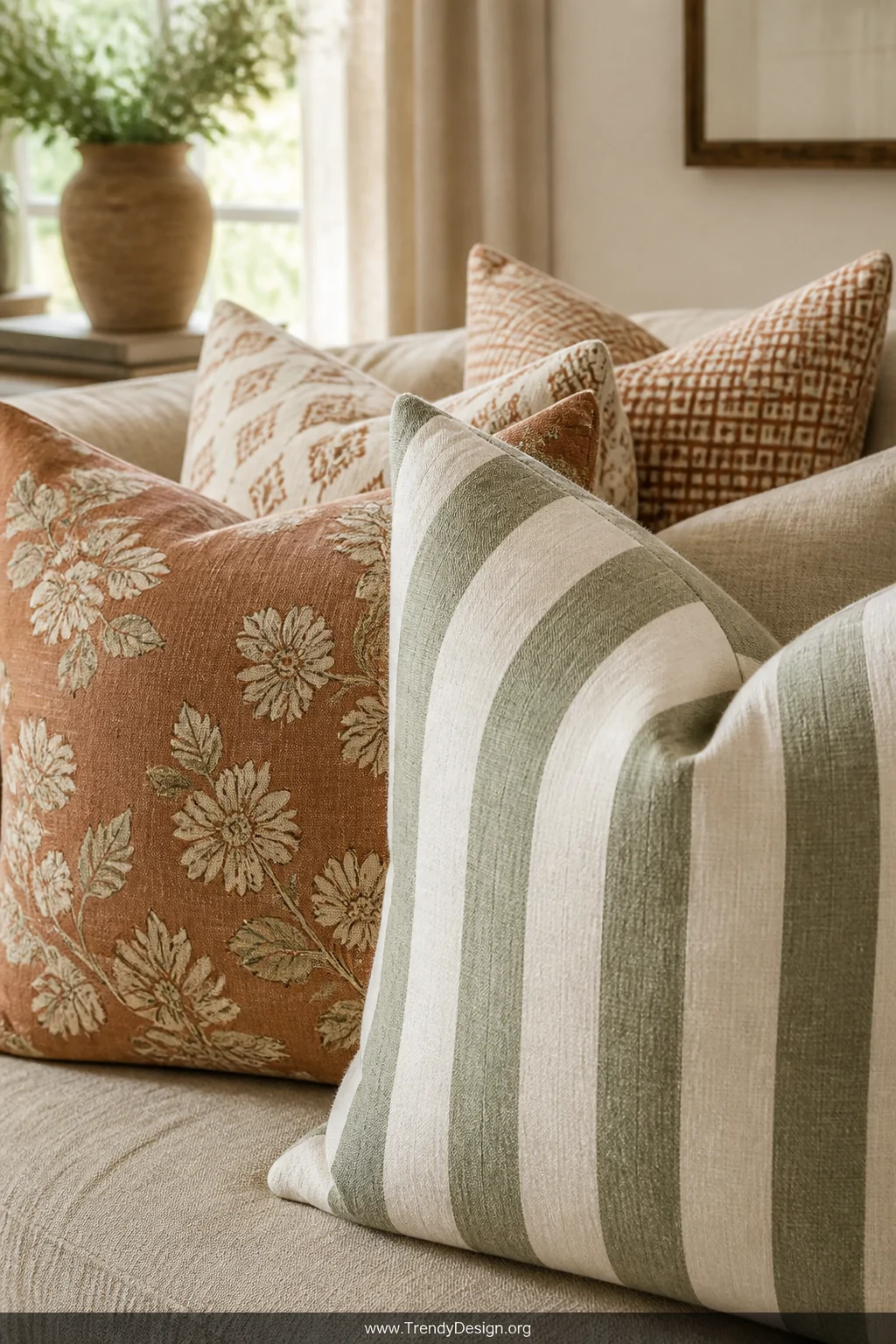 A close-up detail shot of a linen and canvas throw pillow arrangement on a natural linen sofa, featuring bold mixed patterns 