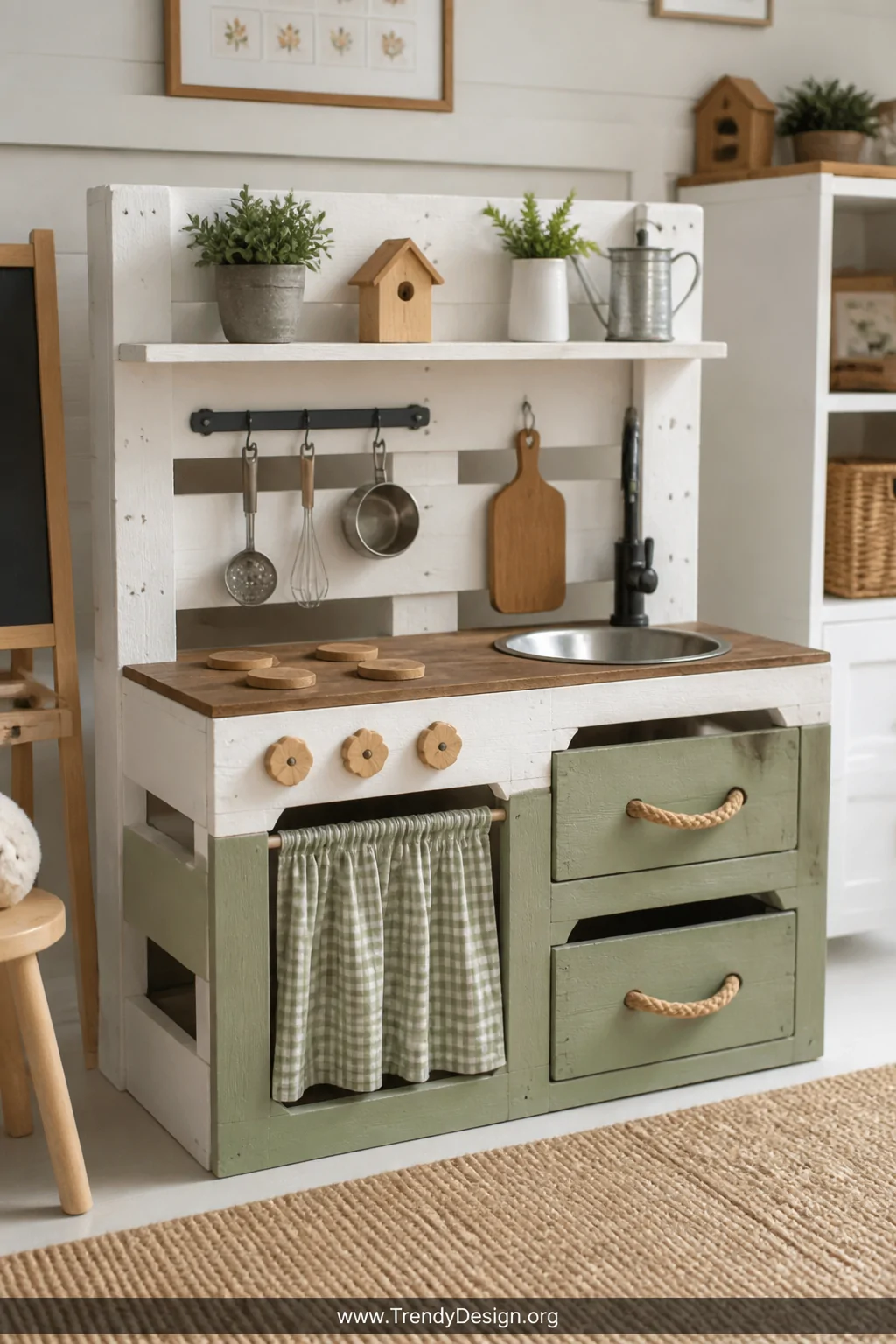 Medium shot of a charming DIY pallet play kitchen in a bright children's playroom, constructed from two vertical pallets pain