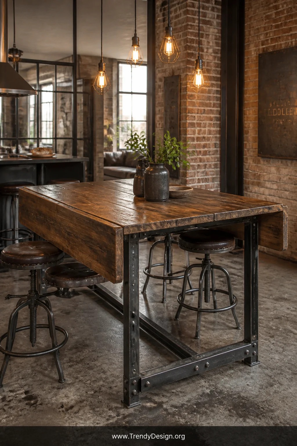 Wide loft-style room shot of a reclaimed wood drop leaf table with a raw steel frame and visible exposed bolt details, both l