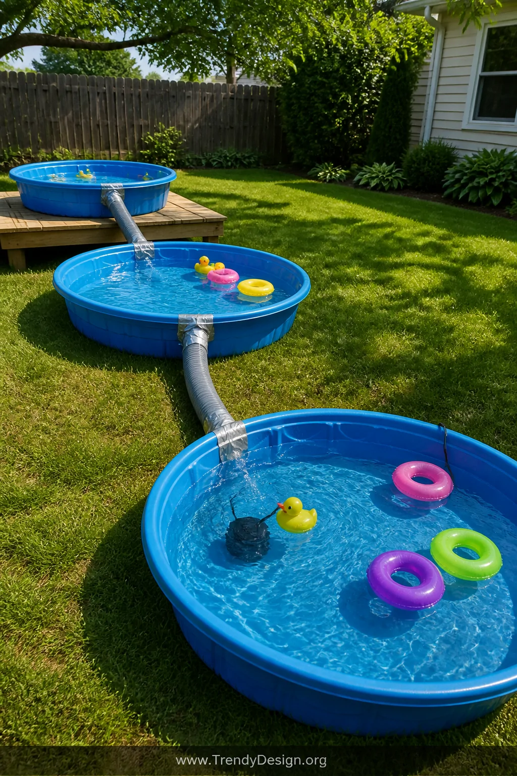 Wide elevated shot of a backyard DIY lazy river made from three large round blue kiddie pools connected by sections of gray 4