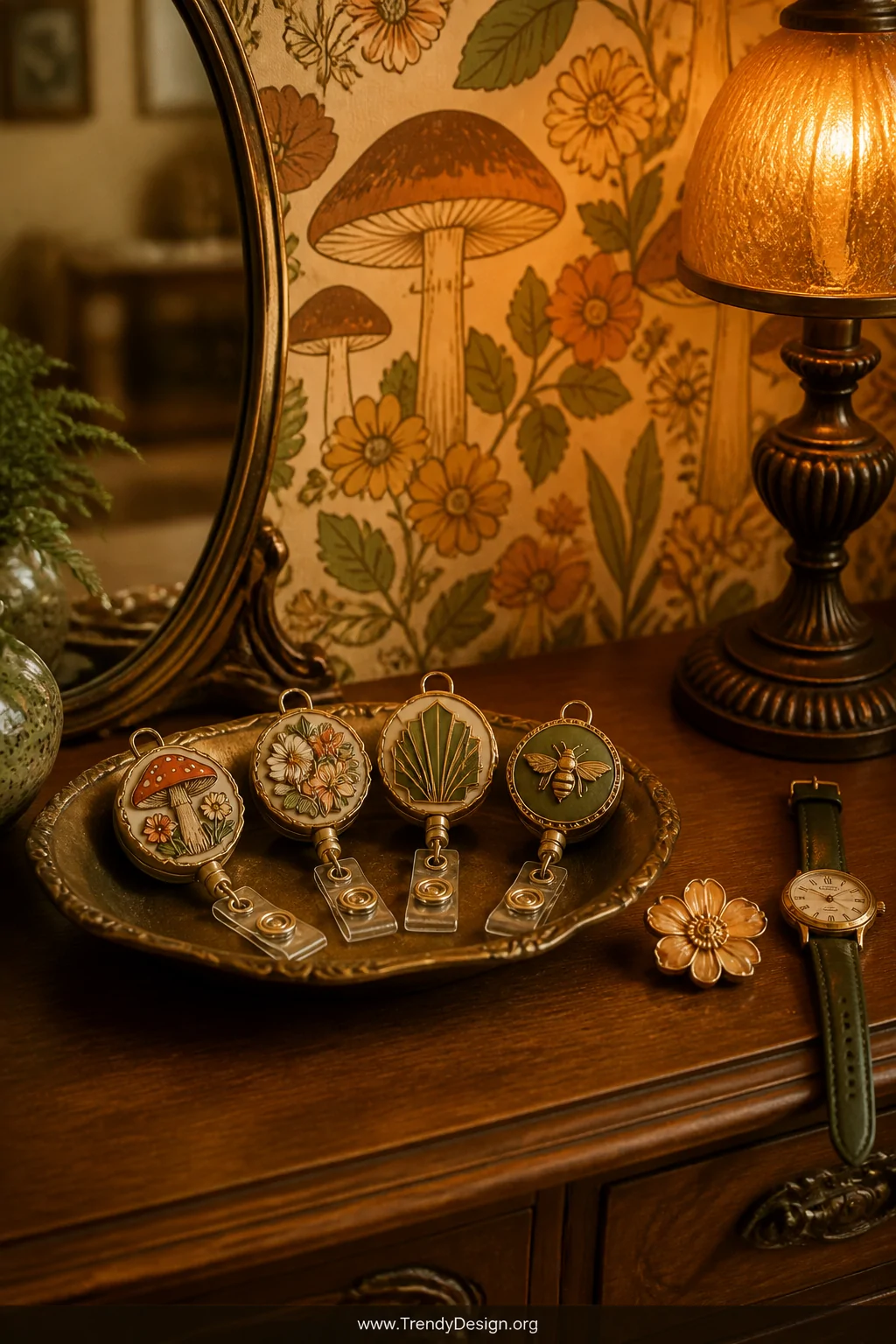 A wide shot of a vintage-styled vanity vignette with warm amber lighting, featuring cottagecore and Art Deco inspired badge r