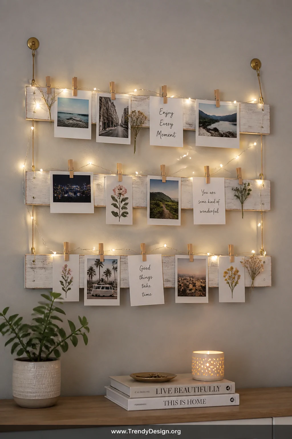 A medium wall-mounted photo display with three horizontal pale white-painted wood slats stretched between two brass hooks, mi