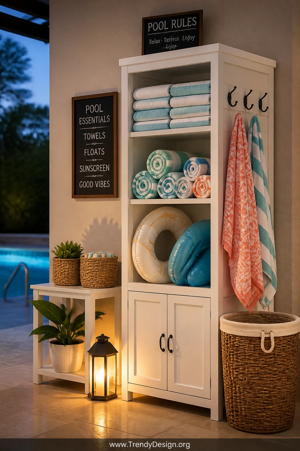 A wide styled shot of a coordinated poolside towel and float storage station near a pool entrance, featuring a tall white out
