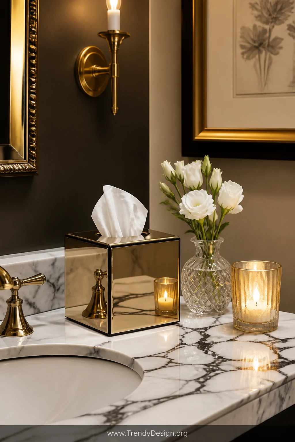 A medium shot of an elegant powder room vanity corner showcasing a brushed gold mirrored tissue box cover reflecting candleli