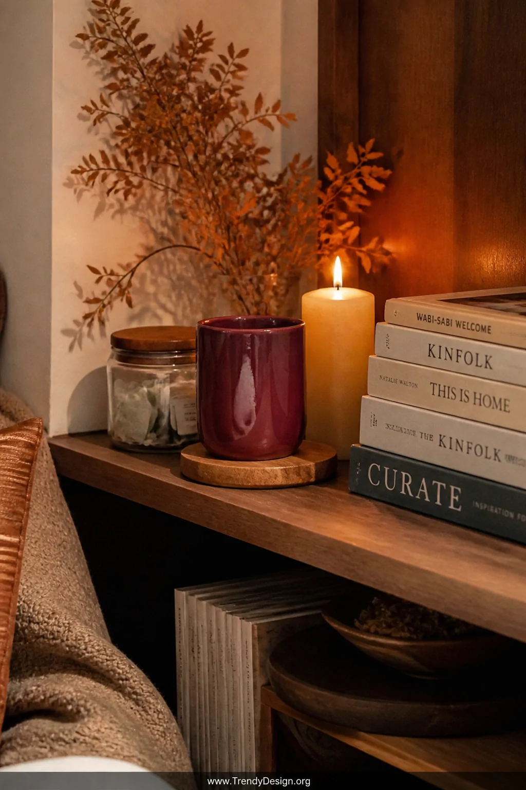A medium shot of a cozy reading nook shelf corner featuring a deep burgundy ceramic tumbler resting on a wooden coaster besid