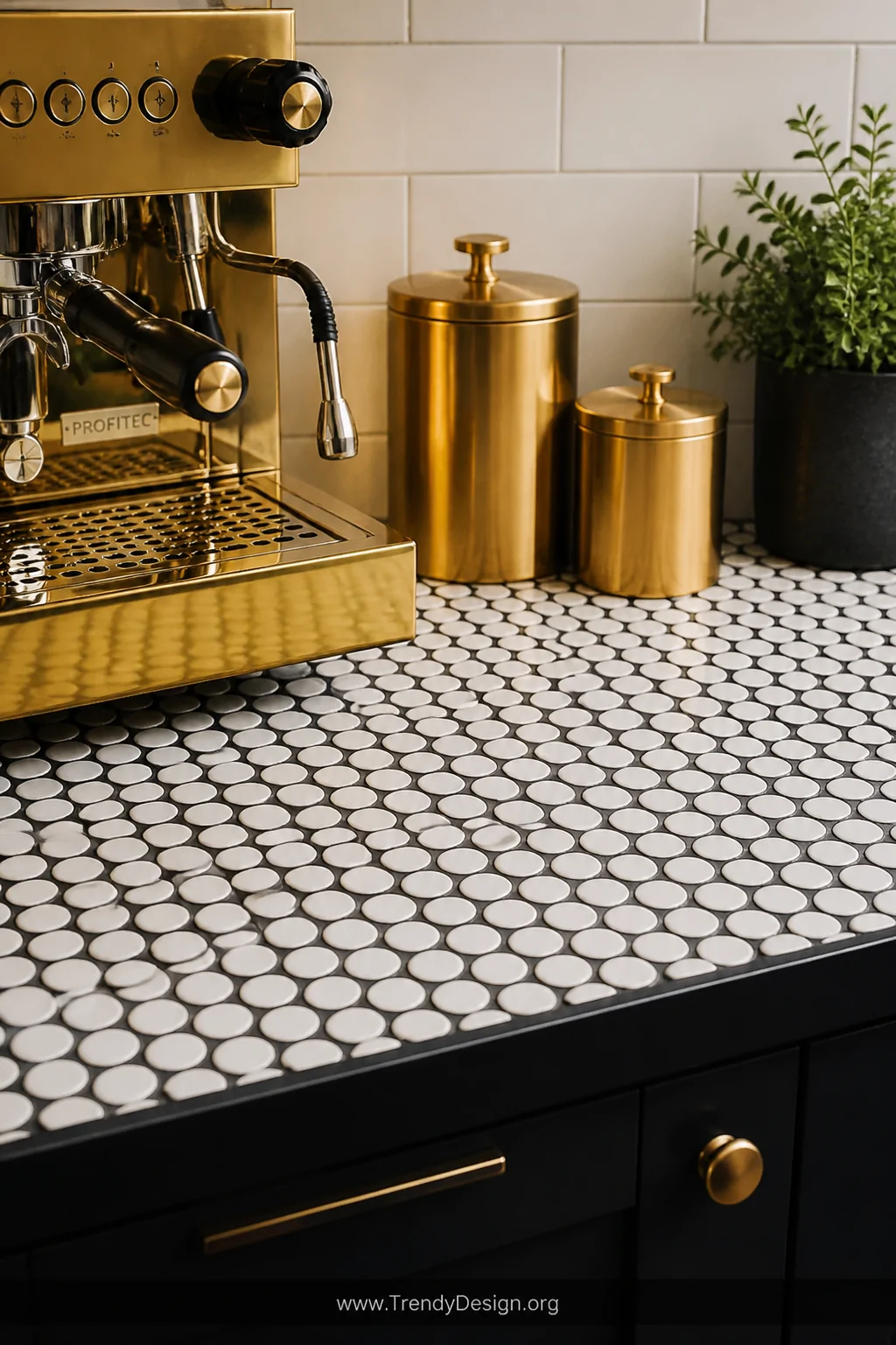 A closeup detail shot of a coffee bar countertop surfaced in white penny tiles with striking black grout, the circular mosaic
