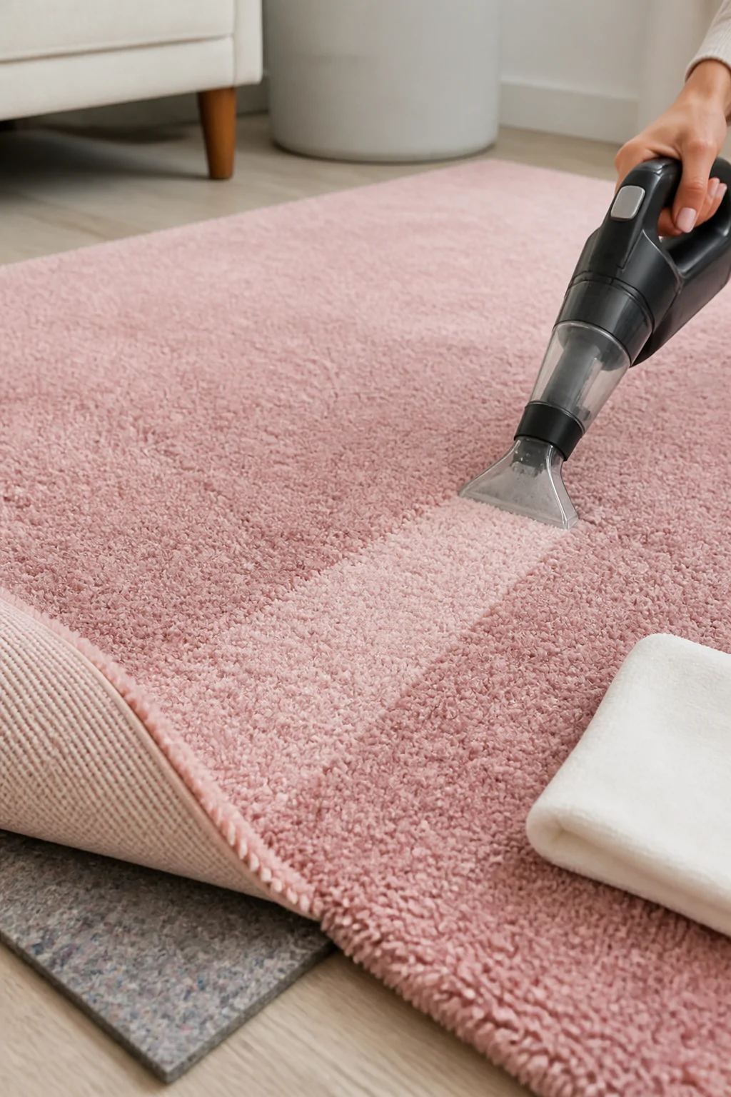 Close-up detail shot of a plush pink rug surface mid-maintenance, showing a rug pad peeking beneath a lifted corner, a handhe