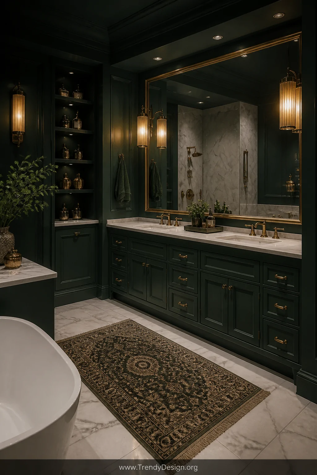 Wide atmospheric shot of a luxurious spa-like bathroom featuring deep emerald green jewel-tone cabinets paired with antique b