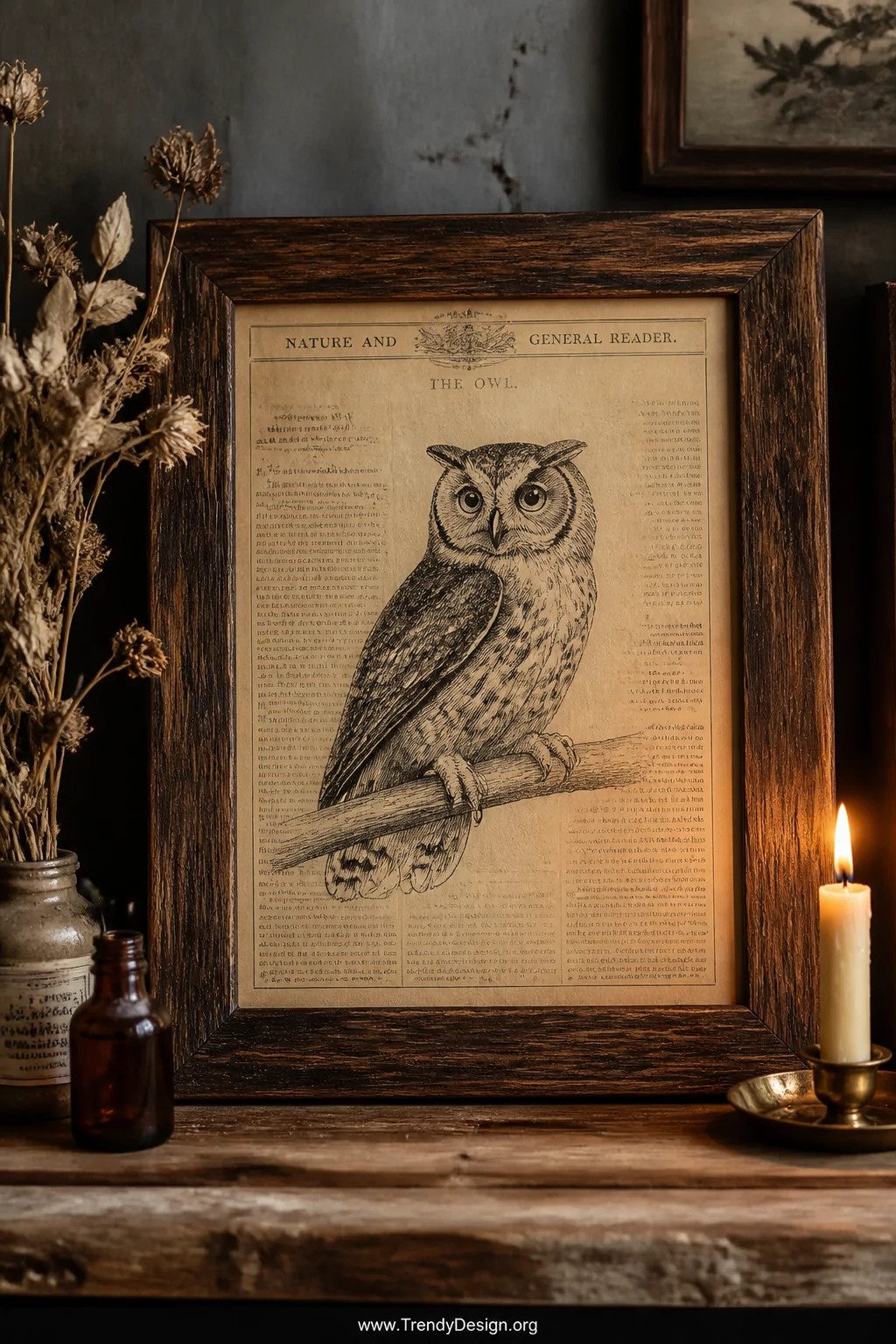 A closeup detail shot of an antique-style wooden-framed newspaper drawing of a cross-hatched owl illustration rendered in fin