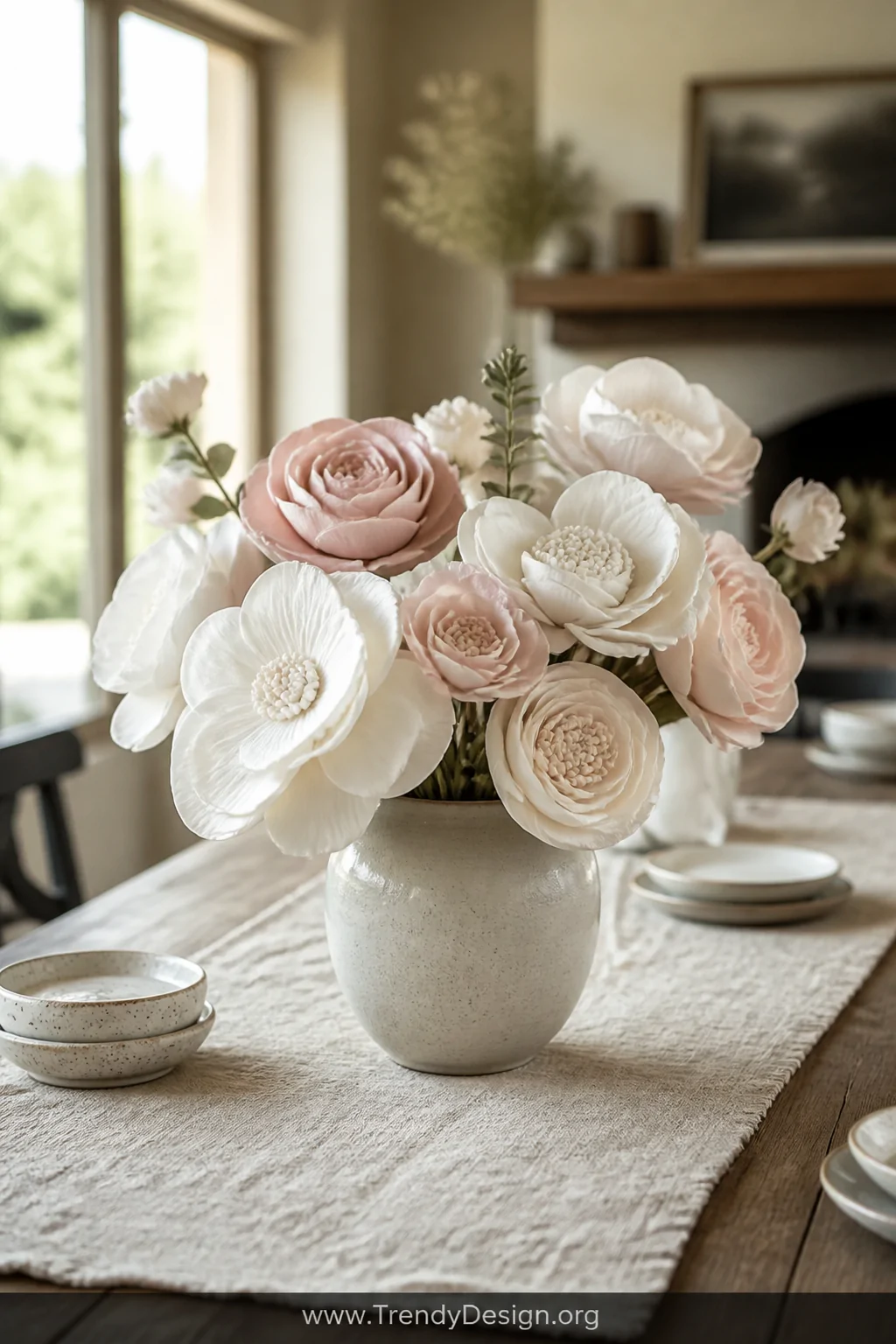 A medium shot of a rustic wooden dining table centerpiece featuring a ceramic vase filled with sculpted white and blush pink 