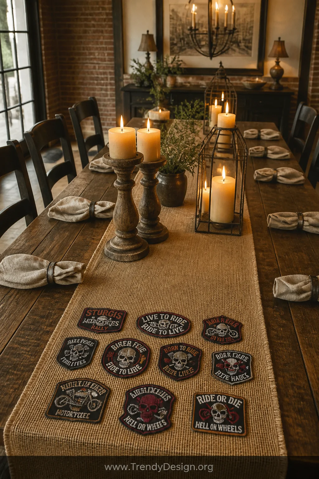 Wide shot of a rustic dining table dressed with a burlap table runner featuring evenly spaced embroidered motorcycle club pat