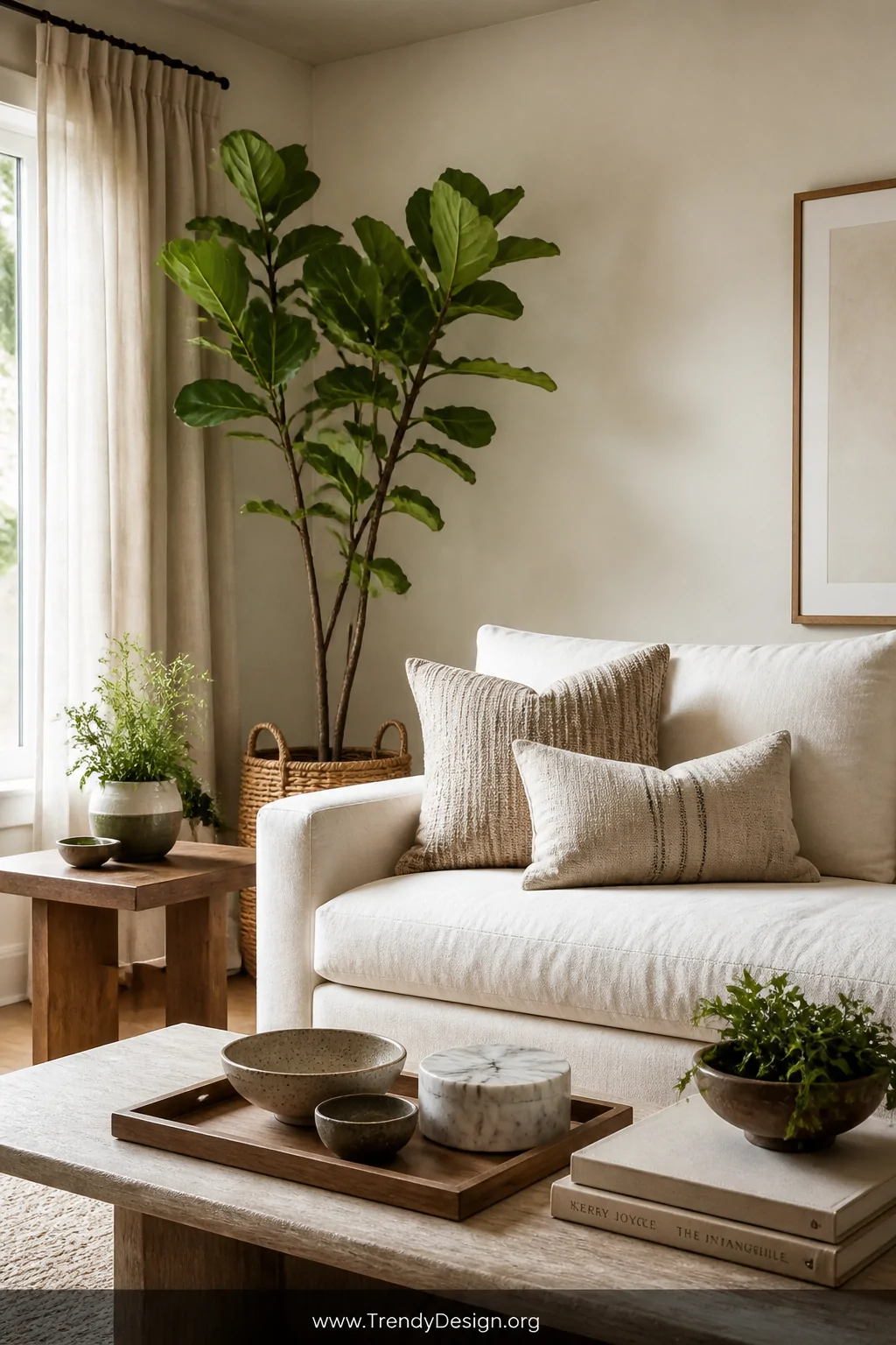 Medium wide shot of a soft neutral living room with an off-white sofa as the focal point, a tall fiddle leaf fig tree in a ra