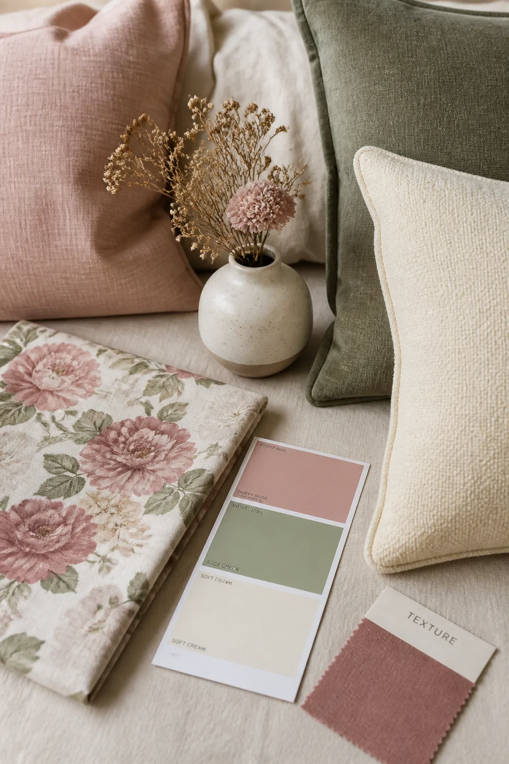 Flat-lay or medium close-up shot of a bedroom color palette mood scene showing coordinating decor elements in dusty rose, sag