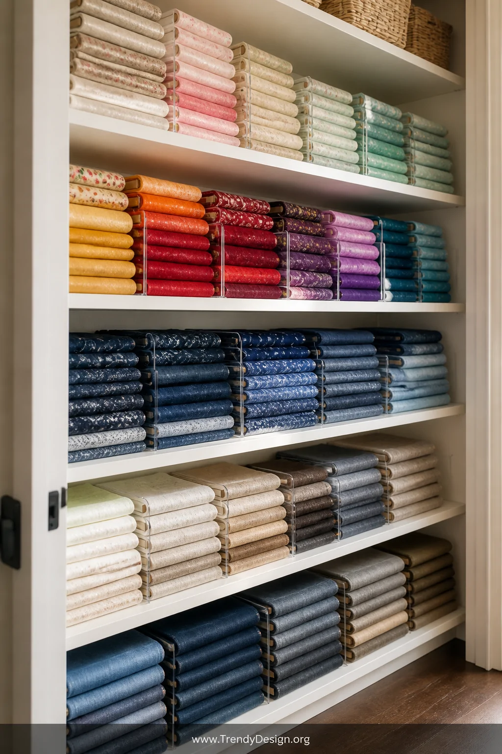 Medium photorealistic interior shot of floor-to-ceiling tiered white wooden shelves inside a sewing closet stacked with neatl