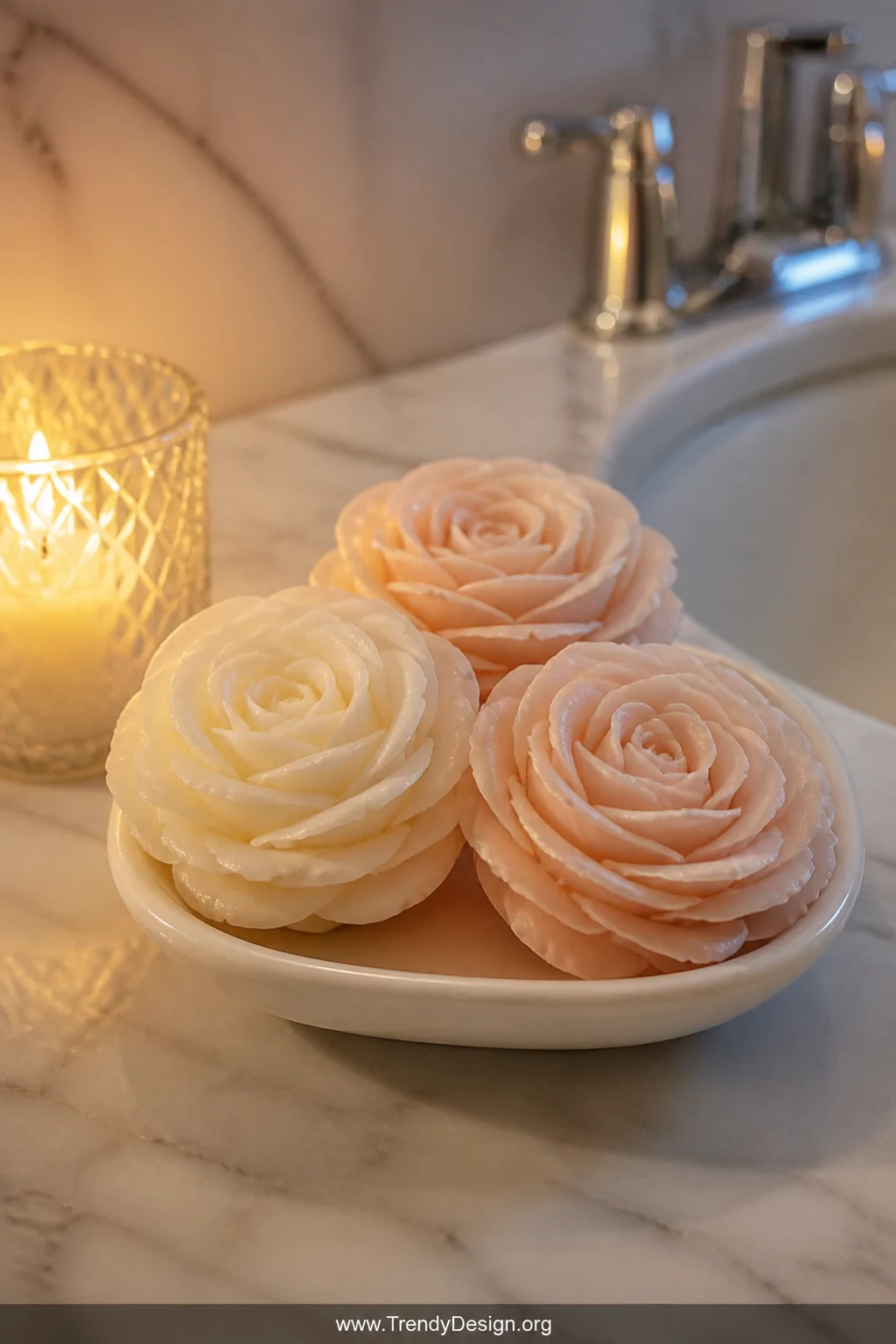 A closeup detail shot of three hand-carved glycerin soap roses with soft blush and ivory petal textures arranged in a small w