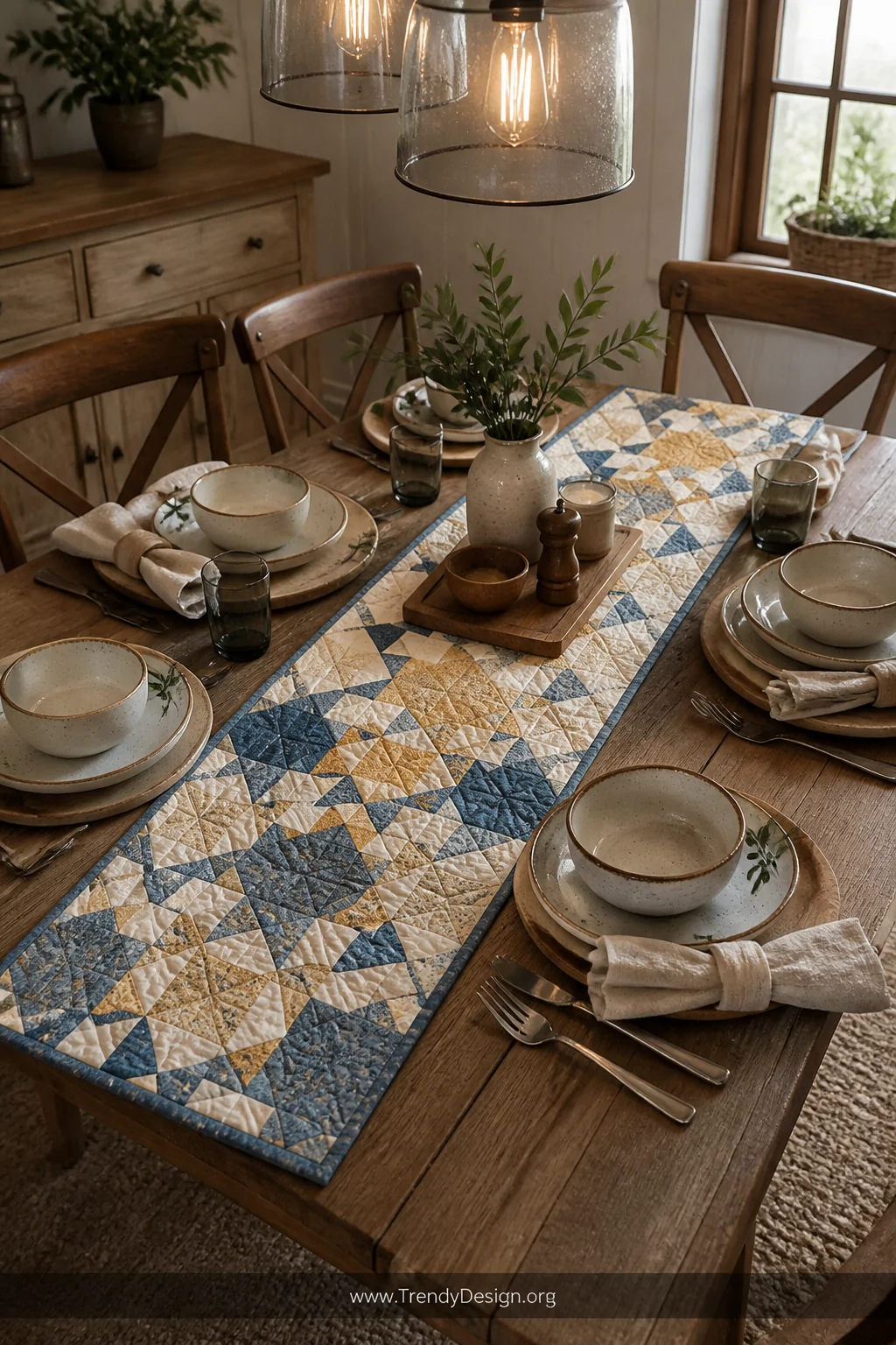 A medium overhead shot of a farmhouse dining table set for dinner, featuring a handmade patchwork quilted table runner in thr
