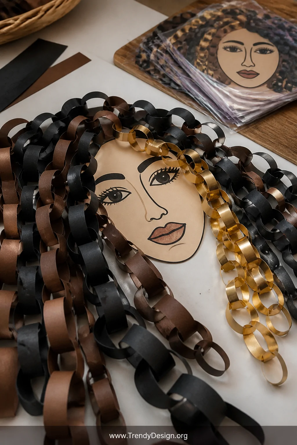 A closeup flat-lay shot on a white craft table showing a cardstock oval face cutout with bold drawn features surrounded by dr
