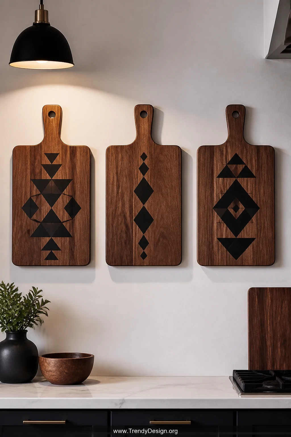 A medium shot of three walnut wood cutting boards mounted in a horizontal gallery row on a white kitchen wall, each decorated